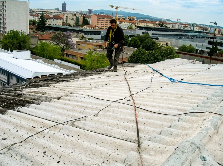 Ouvrier en combinaison noire équipé d'un harnais de sécurité jaune travaille sur une toiture en plaques ondulées fibrociment amianté, tenant une perceuse-visseuse filaire