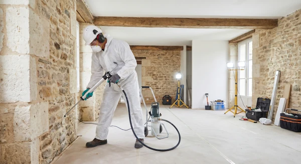 Ouvrier qualifié en tenue professionnelle et équipement de protection effectuant un traitement anti-humidité à l'intérieur d'une maison : injection de résine anti-remontées capillaires dans le soubassement d'un mur intérieur, ou assainissement professionnel d'une cave avec pose de membrane d'étanchéité. La scène montre l'expertise technique SSB en matière de traitement de l'humidité, dans un environnement résidentiel intérieur sérieux et professionnel.