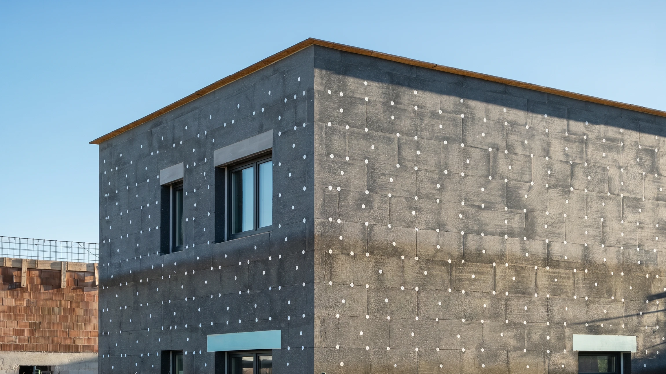 Maison contemporaine à ossature bois avec bardage en lames horizontales, toiture en ardoises grises équipée de fenêtres de toit et panneau solaire thermique