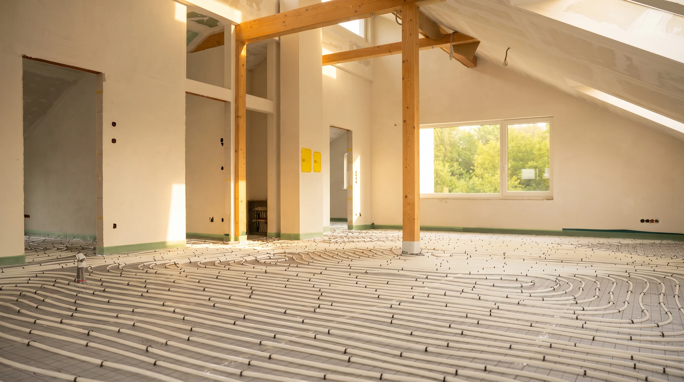Technicien SSB en chantier, effectuant l'isolation sous-dalle : pose de mousse isolante rigide ou de panneaux d'isolation thermique sous la dalle de béton d'une habitation, avec matériaux d'isolation visibles, outils de chantier et environnement de travail professionnel intérieur. La photo doit montrer le travail technique d'isolation en fondation, élément clé de la rénovation énergétique de SSB.