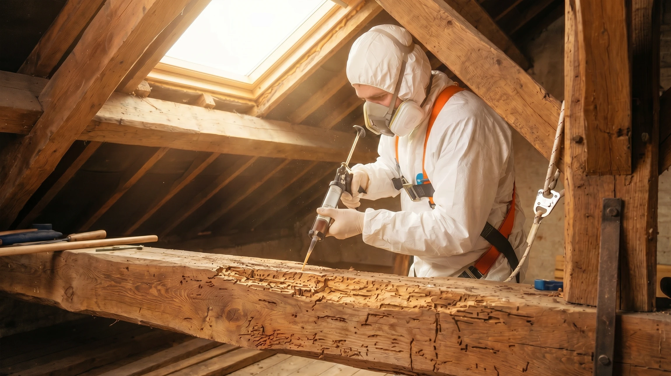 Intérieur d'une charpente en bois massif avec poutres et chevrons apparents