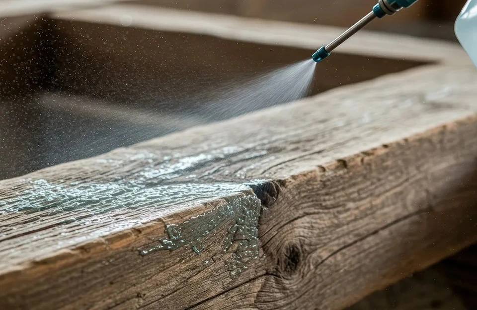 Photographie en extérieur montrant un ouvrier du bâtiment qualifié travaillant sur la façade d'une maison en rénovation. L'ouvrier porte l'équipement de sécurité standard du bâtiment (gilet, casque si nécessaire) et effectue une réparation ou ravalement de façade. On observe en arrière-plan des éléments visibles du chantier (échafaudages, le bâtiment en cours de rénovation, toiture partiellement visible). La scène illustre clairement l'expertise métier multi-domaines de SSB : travaux sur la structure bâtie, façade et toiture visibles ensemble.