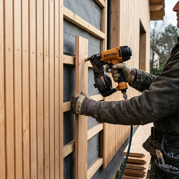Chantier de construction résidentielle en cours avec ouvriers sur échafaudage travaillant sur façade